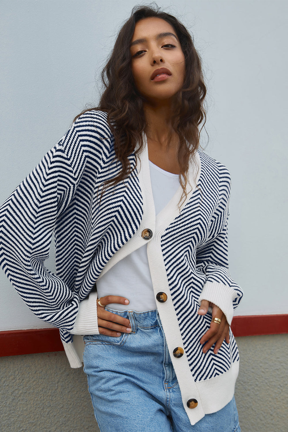 Blue Stripe Buttoned Front V Neck Herringbone Cardigan Cardigans JT's Designer Fashion