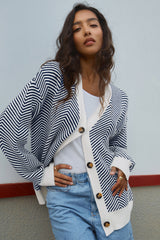 Blue Stripe Buttoned Front V Neck Herringbone Cardigan Cardigans JT's Designer Fashion