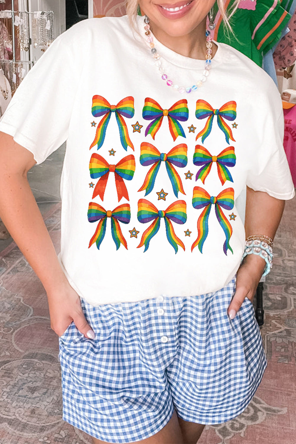 White Pride Bow Starry Print Cotton Blend T Shirt Graphic Tees JT's Designer Fashion