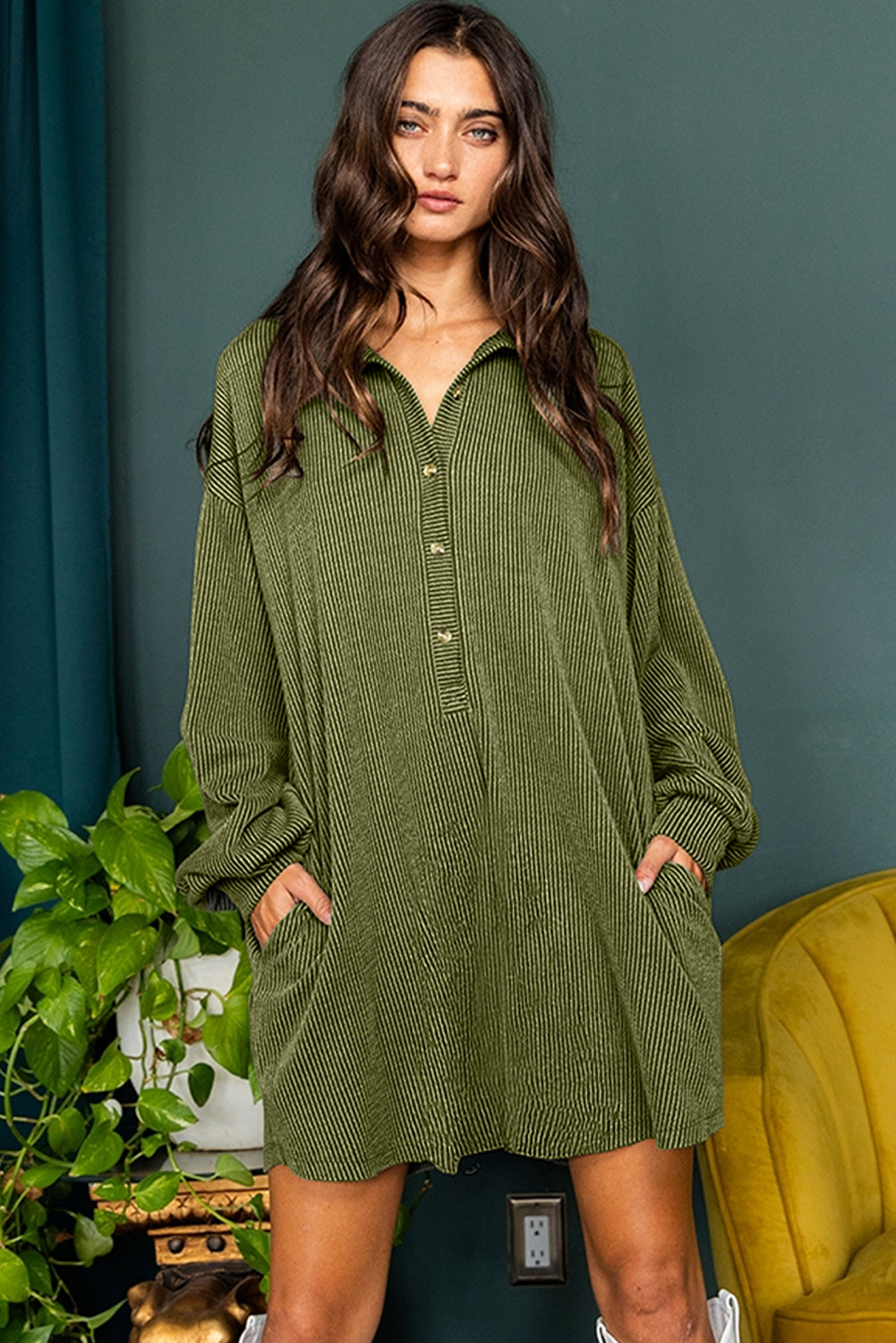 Moss Green Corded Buttons Placket Drop Shoulder Collared Shift Dress Mini Dresses JT's Designer Fashion