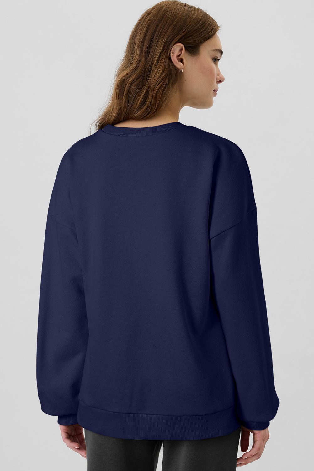 Navy Blue Solid Fleece Lined Drop Shoulder High Low Sweatshirt Sweatshirts & Hoodies JT's Designer Fashion