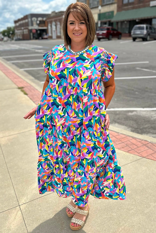 Blue Geometric Print Ruffled Short Sleeve Plus Size Tiered Maxi Dress Plus Size Maxi Dresses JT's Designer Fashion