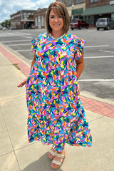 Blue Geometric Print Ruffled Short Sleeve Plus Size Tiered Maxi Dress Plus Size Maxi Dresses JT's Designer Fashion