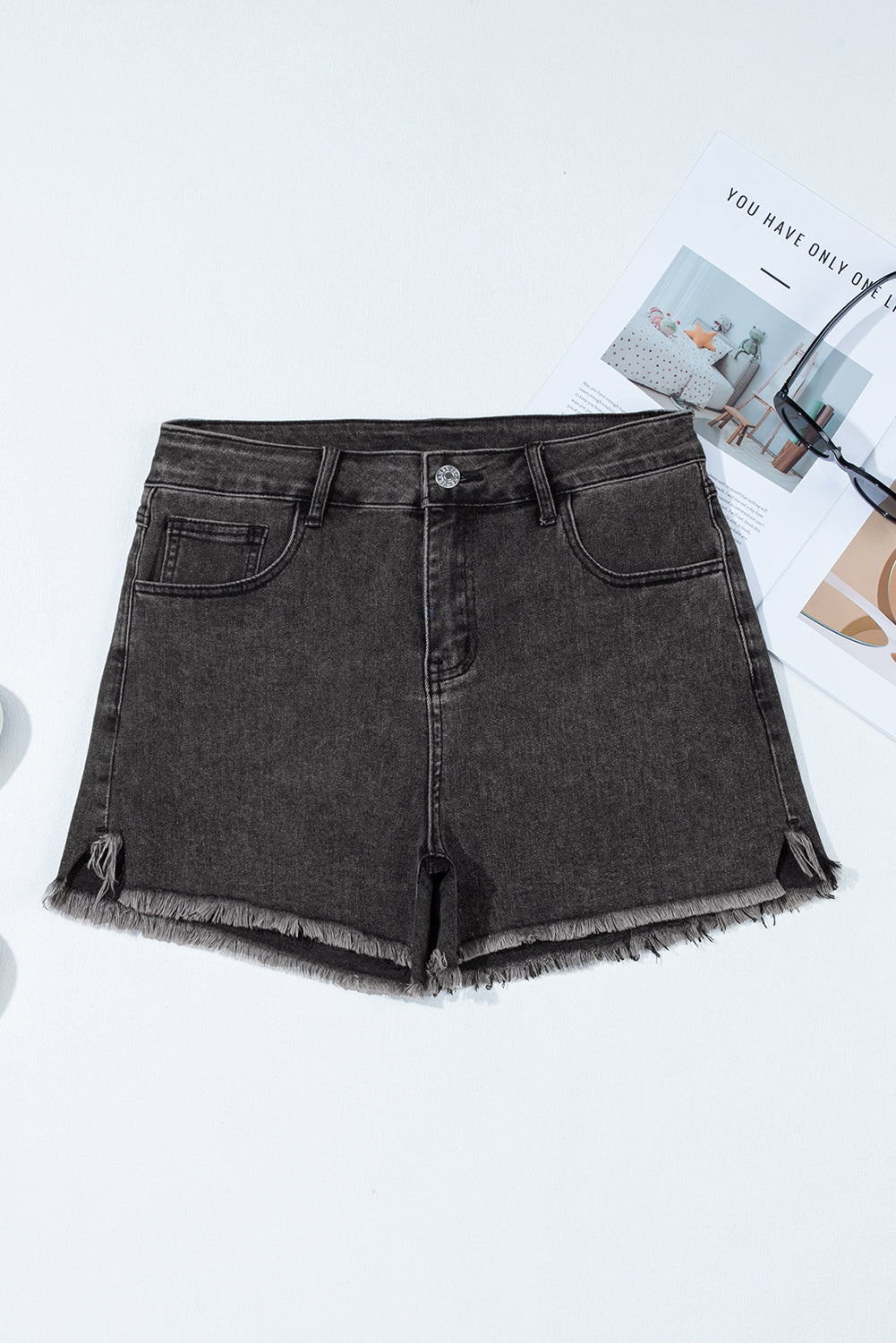 Carbon Grey Raw Hem High Waist Denim Shorts Denim Shorts JT's Designer Fashion