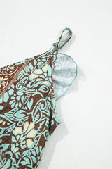 Green Floral Print V Neck Ruffled Trim Backless Tassel Waist Maxi Dress Floral Dresses JT's Designer Fashion