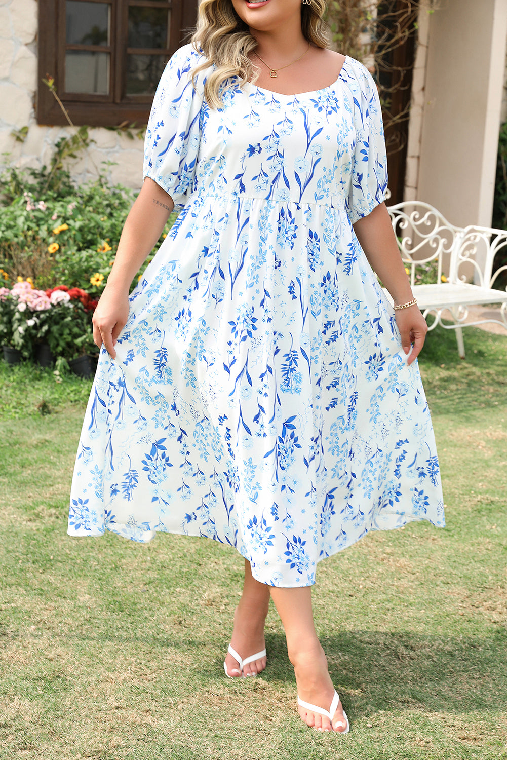 Sky Blue Floral Print Sweetheart Neck Plus Size Midi Dress Plus Size Midi Dresses JT's Designer Fashion