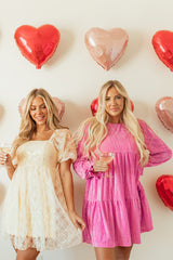 Apricot Sequined Lace Mesh Bubble Sleeve Square Neck Dress Mini Dresses JT's Designer Fashion