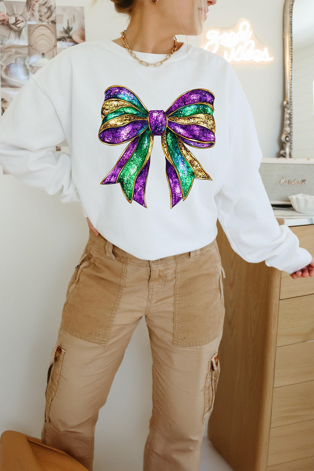 White Mardi Gras Bow Graphic Drop Shoulder Sweatshirt Graphic Sweatshirts JT's Designer Fashion