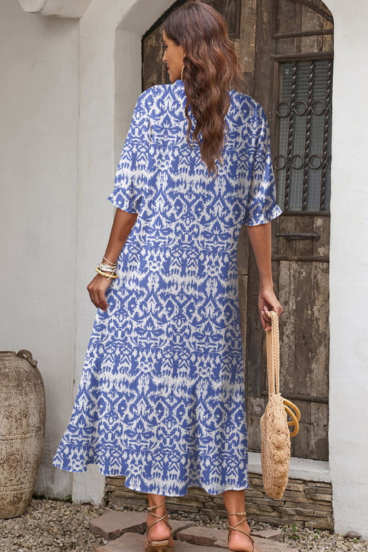 Sky Blue Geometric Print V Neck Casual Long Dress Maxi Dresses JT's Designer Fashion