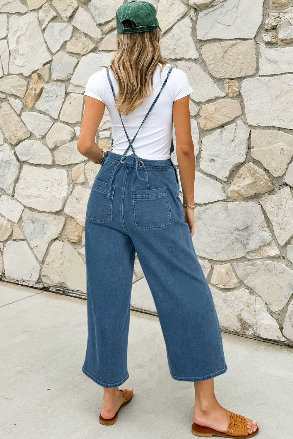 Dusk Blue Adjustable Tie Straps Cropped Wide Leg Denim Overalls Jumpsuits & Rompers JT's Designer Fashion