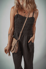 Black Spaghetti Straps Shirred Bodice Pocketed Wide Leg Jumpsuit Jumpsuits & Rompers JT's Designer Fashion