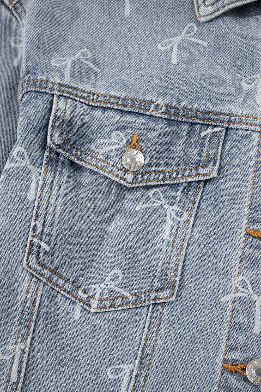 Sky Blue Bow Knot Print Light Wash Raw Hem Denim Jacket Denim Jackets JT's Designer Fashion