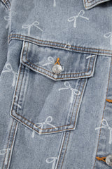Sky Blue Bow Knot Print Light Wash Raw Hem Denim Jacket Denim Jackets JT's Designer Fashion