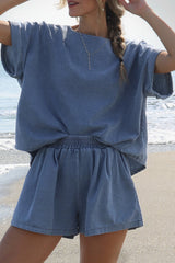 Light Blue Denim Cuffed Sleeve Tee Elastic Shorts Set Light Blue 72%Cotton+26%Polyester+2%Elastane Short Sets JT's Designer Fashion