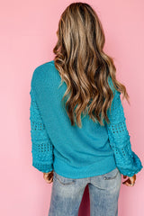 Turquoise Ruffled Eyelet Bubble Sleeve Sweater Sweaters JT's Designer Fashion