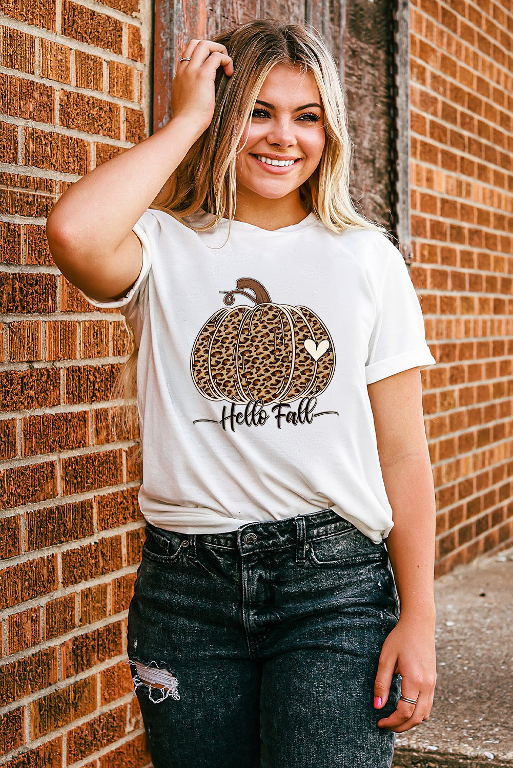 White Hello Fall Leopard Pumpkin Graphic T Shirt Graphic Tees JT's Designer Fashion