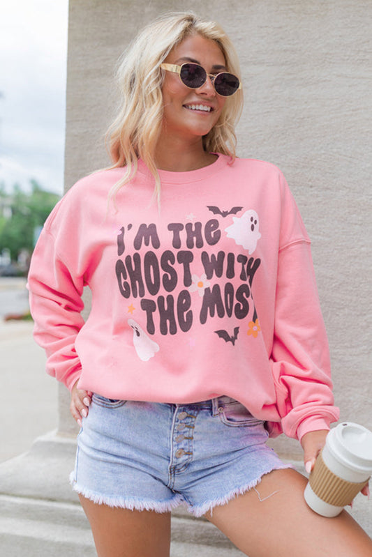 Pink Halloween Slogan Ghost Bat Graphic Drop Shoulder Sweatshirt Graphic Sweatshirts JT's Designer Fashion