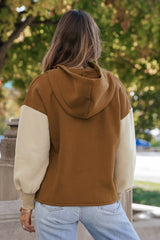Chestnut Color Block Half Zip Kangaroo Pocketed Hoodie Sweatshirts & Hoodies JT's Designer Fashion