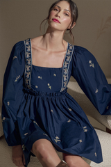 Blue Floral Embroidered Square Neck Puff Sleeve Ruffled Mini Dress Mini Dresses JT's Designer Fashion