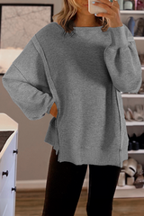 Gray Waffle knit Bishop Sleeve Split Oversized Top Long Sleeve Tops JT's Designer Fashion