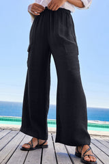 Black Drawstring Frilled Waist Wide Leg Utility Trousers Pants & Culotte JT's Designer Fashion