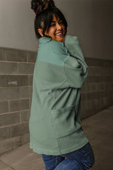 Smoke Green Waffle Long Sleeve Collar Half Button Loose Top Long Sleeve Tops JT's Designer Fashion