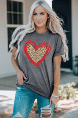 Gray Sequin Leopard Heart Graphic T-shirt Graphic Tees JT's Designer Fashion