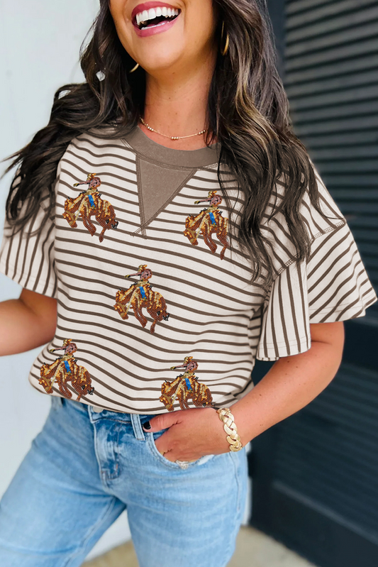 Parchment Sequin Rodeo Patch Pattern Striped Ruffled Sleeve Summer Top Graphic Tees JT's Designer Fashion