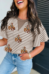 Parchment Sequin Rodeo Patch Pattern Striped Ruffled Sleeve Summer Top Graphic Tees JT's Designer Fashion