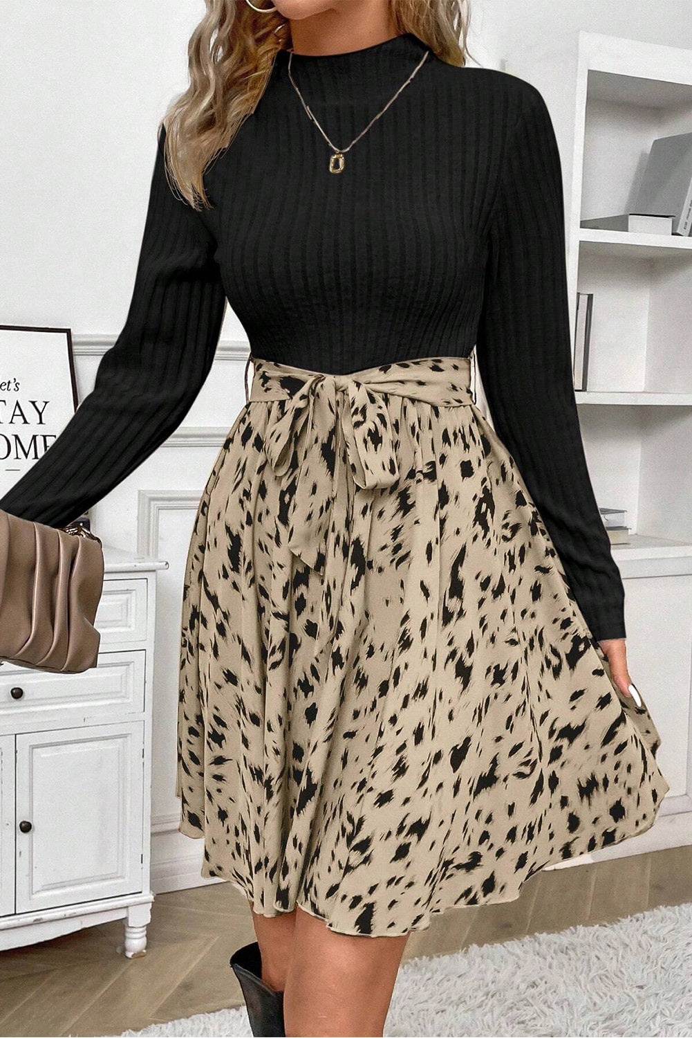 Black Ribbed Knit Patchwork Printed Belted A-line Dress Mini Dresses JT's Designer Fashion