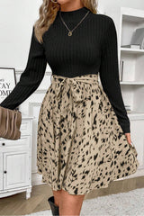 Black Ribbed Knit Patchwork Printed Belted A-line Dress Mini Dresses JT's Designer Fashion