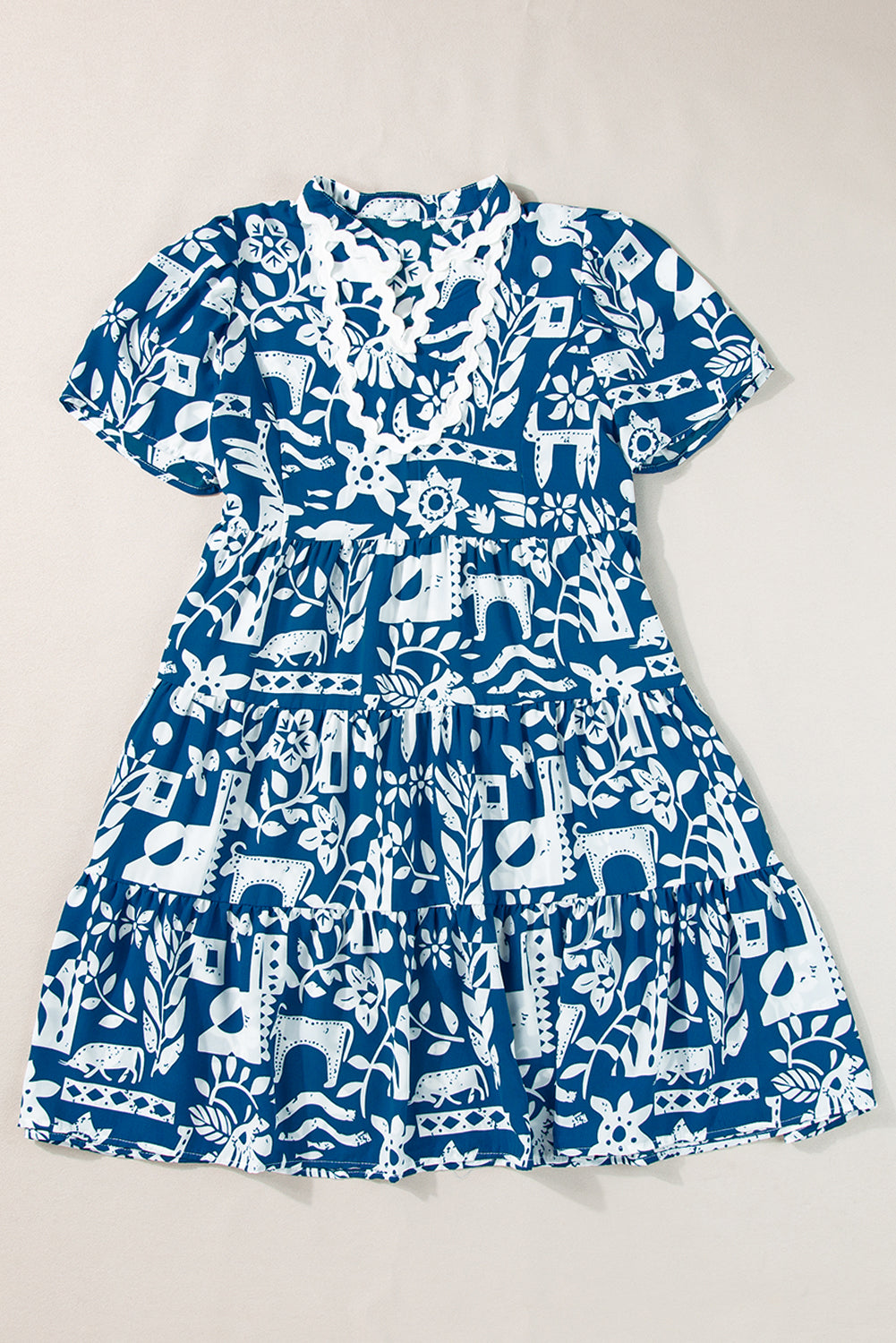 Blue Ricrac Trim Split Neck Floral Loose Dress Floral Dresses JT's Designer Fashion