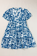 Blue Ricrac Trim Split Neck Floral Loose Dress Floral Dresses JT's Designer Fashion