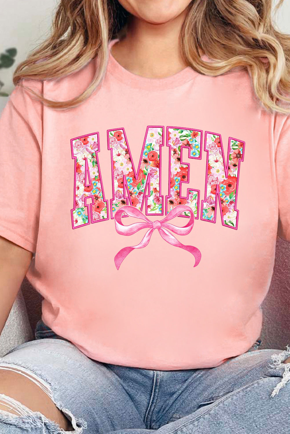 Pink Floral AMEN Bow Graphic Crewneck T Shirt Graphic Tees JT's Designer Fashion