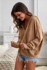 Khaki Zipper V-neck Dropped Sleeve Hooded Solid Sweater Sweaters & Cardigans JT's Designer Fashion