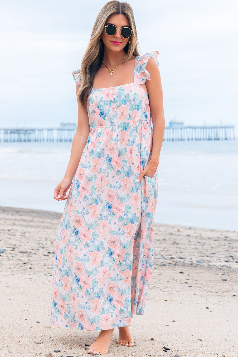 Pink Floral Print Square Neck Backless Long Dress with Slit Pink 100%Polyester Maxi Dresses JT's Designer Fashion