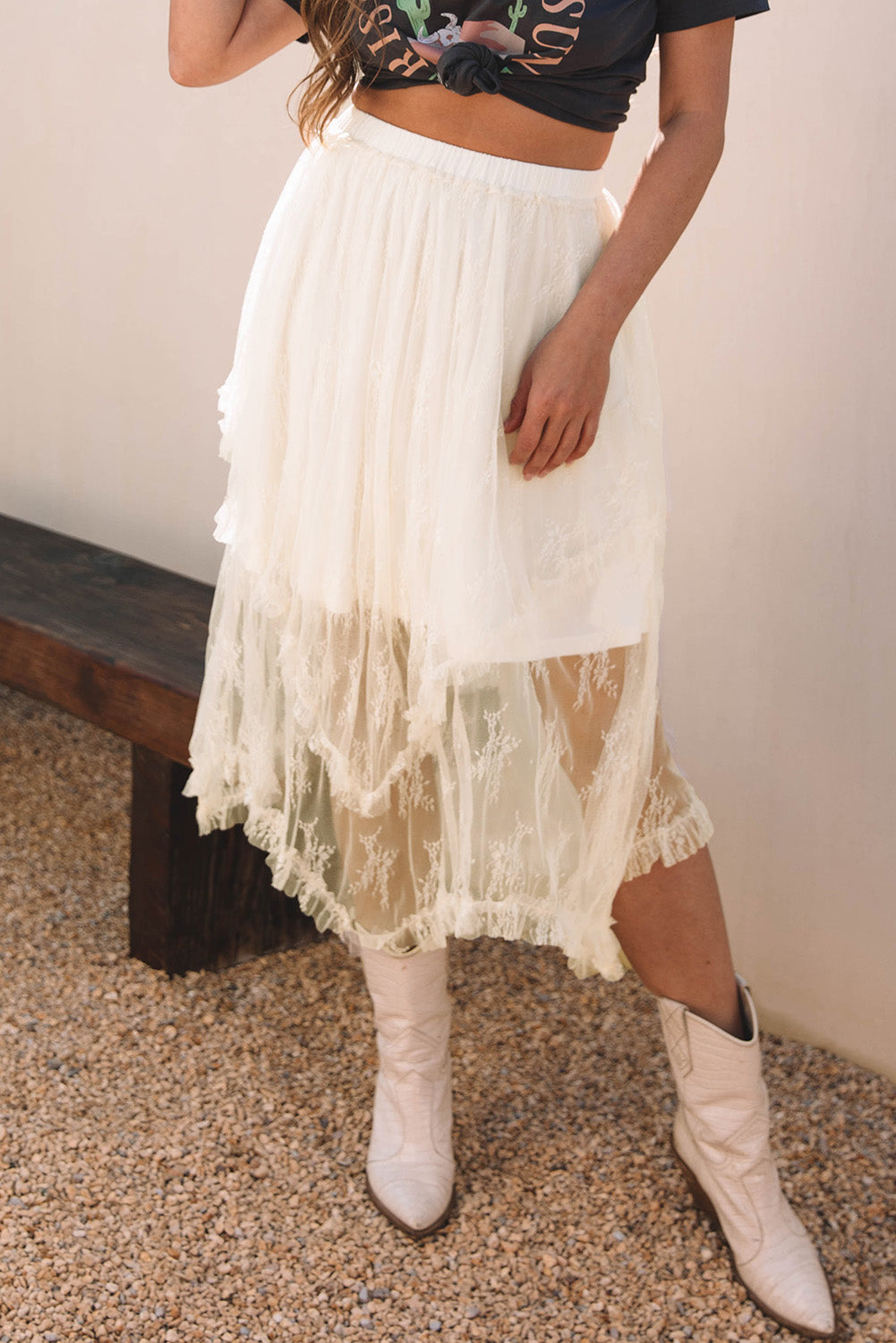 Beige Lace Cascading Tiered High Waist Maxi Skirt Beige 90%Polyamide+10%Elastane Skirts & Petticoat JT's Designer Fashion