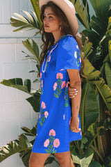 Blue Floral Short Sleeve Split Neck Loose Mini Dress Floral Dresses JT's Designer Fashion