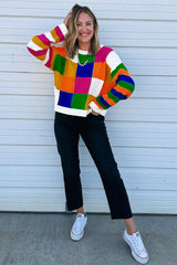 Orange Checkered Color Block Round Neck Loose Sweater Sweaters JT's Designer Fashion