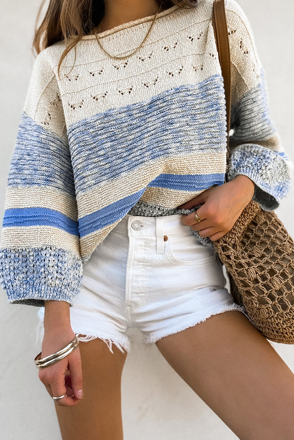 Light Blue Open Stitch Puff Sleeve Sweater Sweaters JT's Designer Fashion