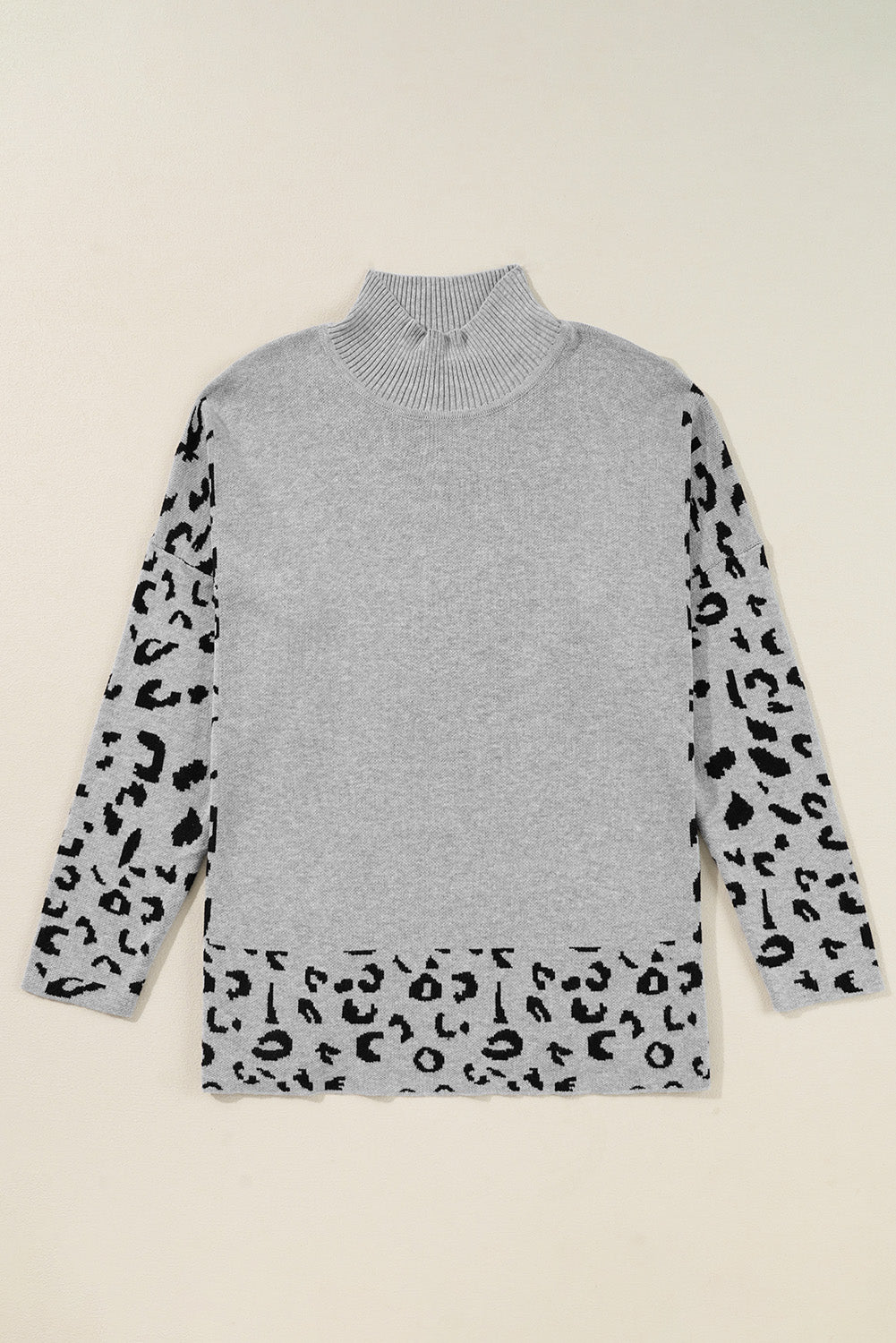 Gray Leopard High Neck Side Slit Oversized Sweater Sweaters JT's Designer Fashion