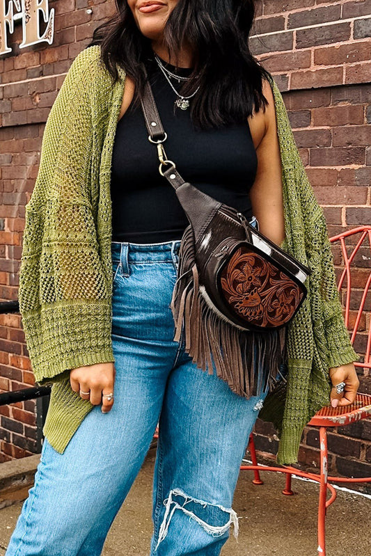 Spinach Green Oversize Crochet Knit Open Cardigan Spinach Green 100%Acrylic Cardigans JT's Designer Fashion