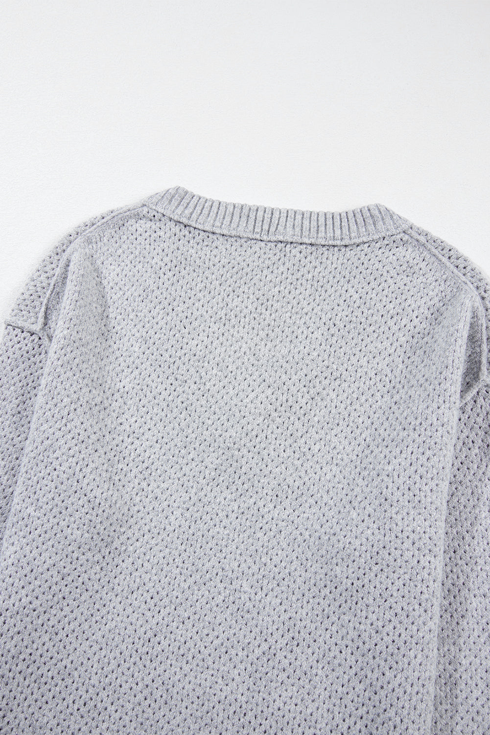 Light Grey Loose Eyelet V Neck Drop Shoulder Sweater Sweaters JT's Designer Fashion