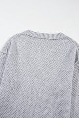 Light Grey Loose Eyelet V Neck Drop Shoulder Sweater Sweaters JT's Designer Fashion