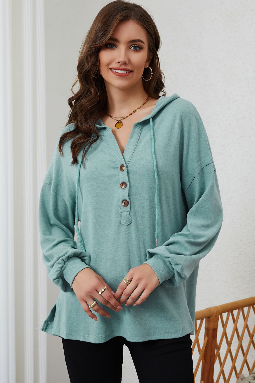 Buttoned High and Low Hem Hoodie Sweatshirts & Hoodies JT's Designer Fashion