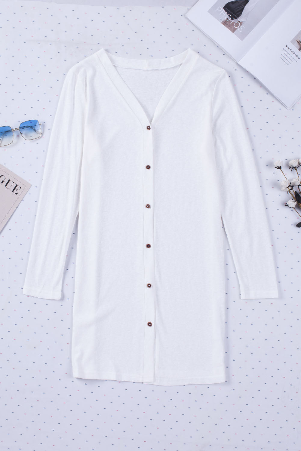 White Solid Color Open-Front Buttons Cardigan Sweaters & Cardigans JT's Designer Fashion