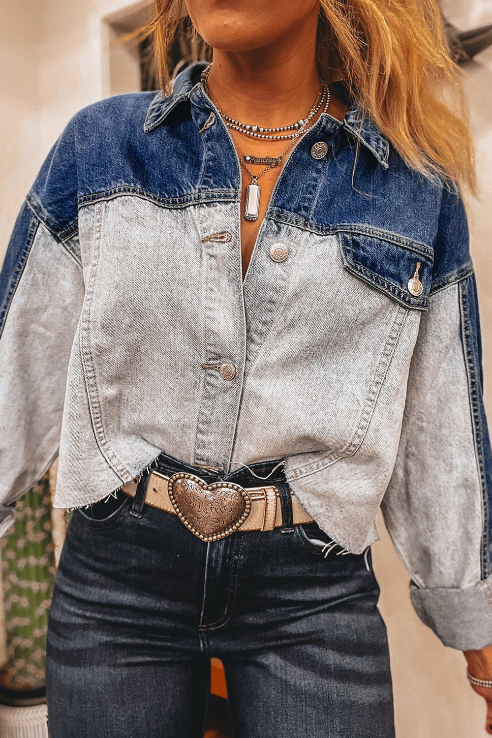 Dusk Blue Color Block Patchwork Flap Detail Distress Denim Jacket Denim Jackets JT's Designer Fashion