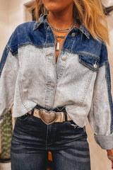 Dusk Blue Color Block Patchwork Flap Detail Distress Denim Jacket Denim Jackets JT's Designer Fashion