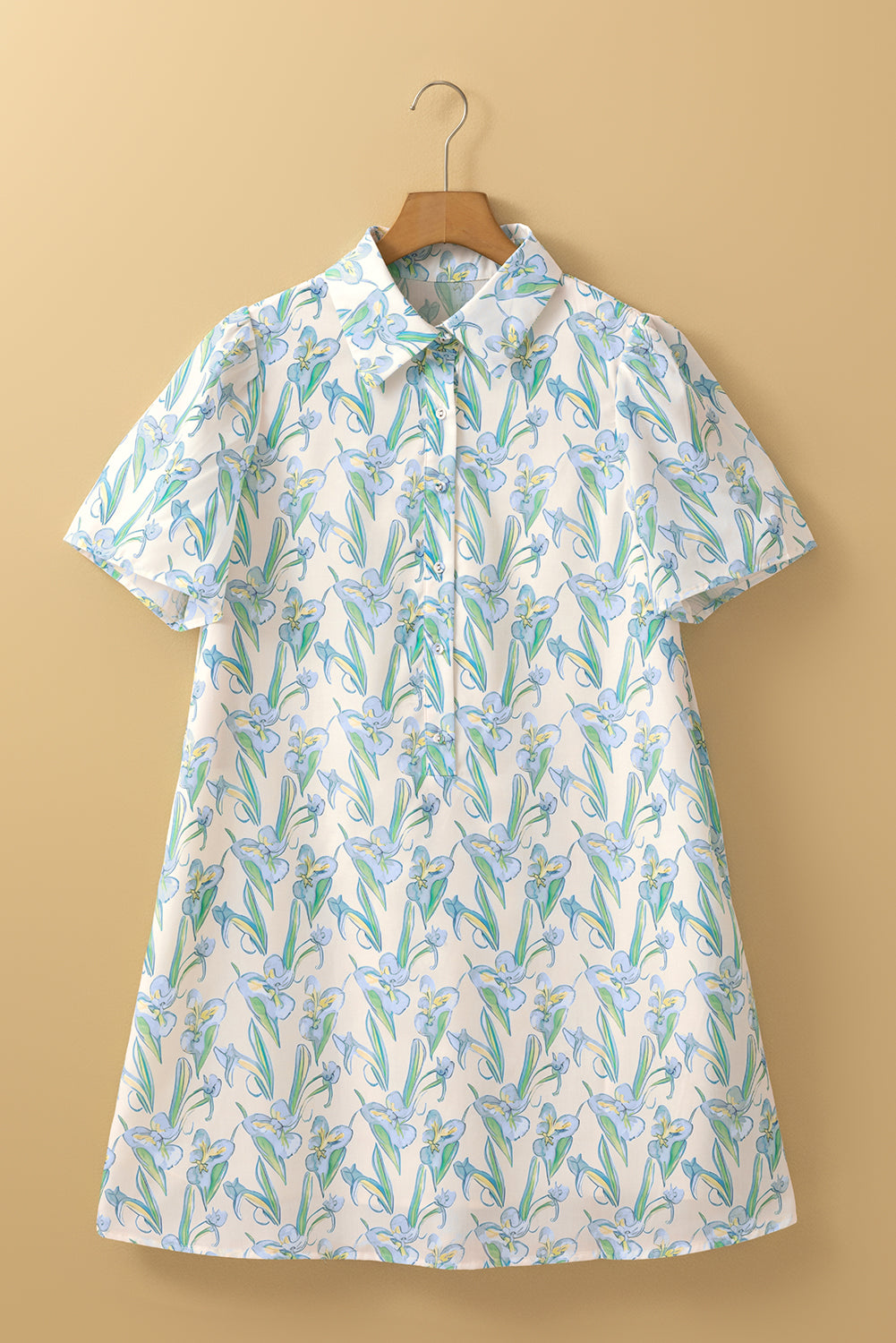Green Floral Print Shirtcollar Buttoned Short Sleeve Shift Dress Floral Dresses JT's Designer Fashion
