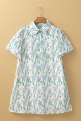 Green Floral Print Shirtcollar Buttoned Short Sleeve Shift Dress Floral Dresses JT's Designer Fashion